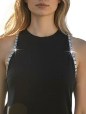 Versace black knit sleeveless top w crystals, beading & logo button Sz M IT 42